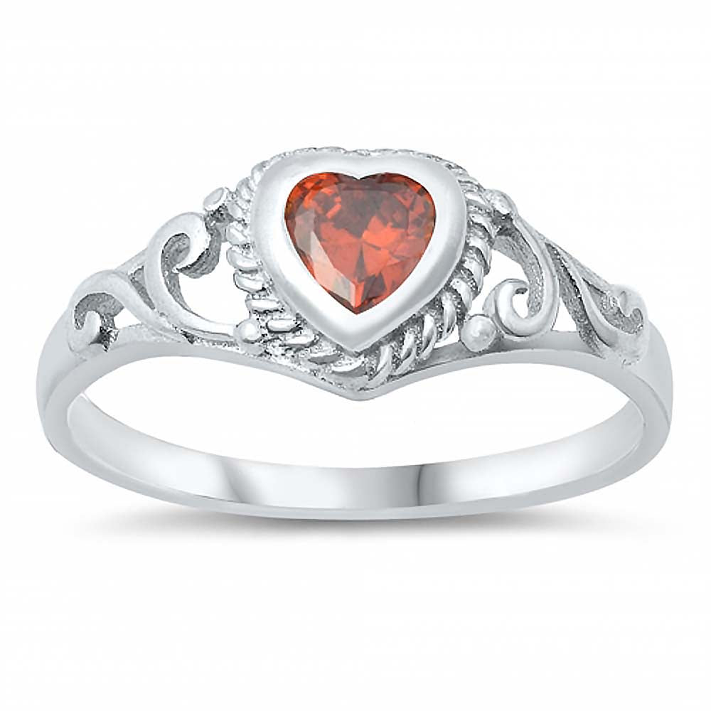 Sterling Silver Rhodium Plated Heart-Cut Garnet Cz and Swirl Design Baby Ring with Ring Face Height of 7MM and Ring Band Width of 2MM