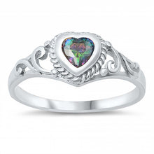 Load image into Gallery viewer, Sterling Silver Rhodium Plated Heart-Cut Rainbow Topaz Cz and Swirl Design Baby Ring with Ring Face Height of 7MM and Ring Band Width of 2MM