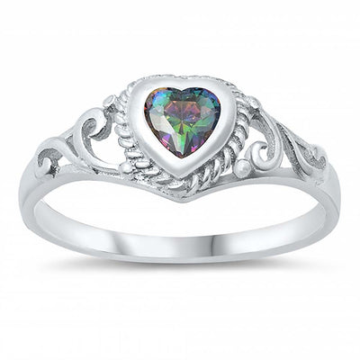 Sterling Silver Rhodium Plated Heart-Cut Rainbow Topaz Cz and Swirl Design Baby Ring with Ring Face Height of 7MM and Ring Band Width of 2MM
