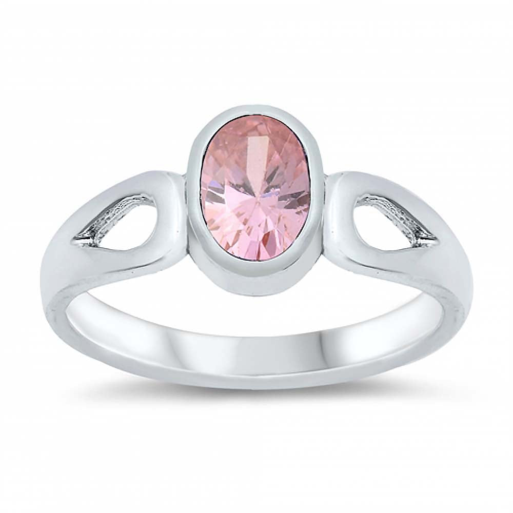 Sterling Silver Rhodium Plated Oval-Cut Pink Cz Baby Ring with Ring Face Height of 8MM
