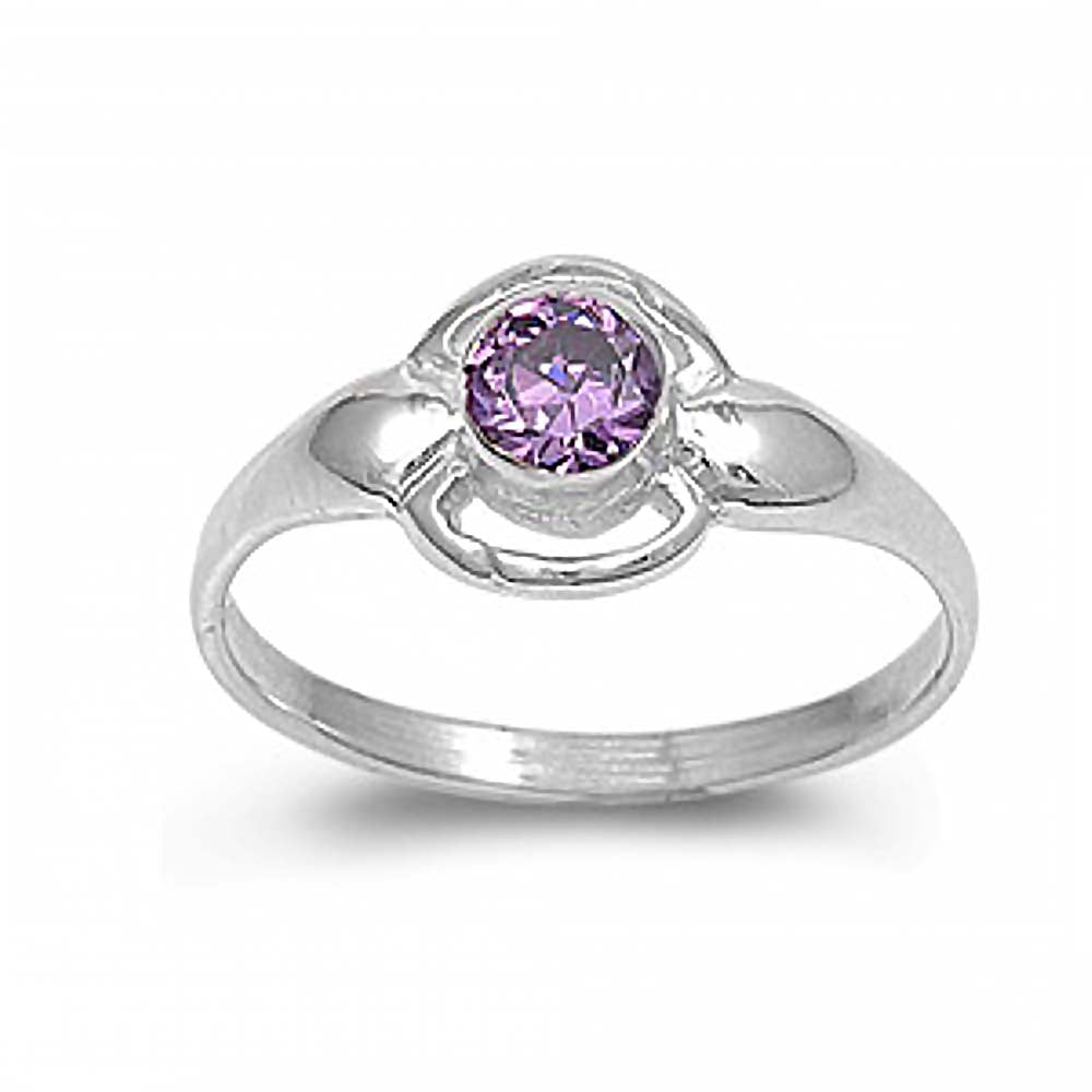 Sterling Silver Rhodium Plated Round-Cut Amethyst Cz Baby Ring with Ring Face Height of 8MM and Ring Band Width of 2MM