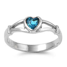 Load image into Gallery viewer, Sterling Silver Rhodium Plated Heart-Cut Aquamarine Cz Split Band Baby Ring with Ring Face Height of 5MM and Ring Band Width of 2MM