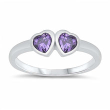 Load image into Gallery viewer, Sterling Silver Rhodium Plated Two Amethyst Cz Heart Baby Ring with Ring Face Height of 4MM and Ring Band Width of 2MM