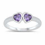 Sterling Silver Rhodium Plated Two Amethyst Cz Heart Baby Ring with Ring Face Height of 4MM and Ring Band Width of 2MM