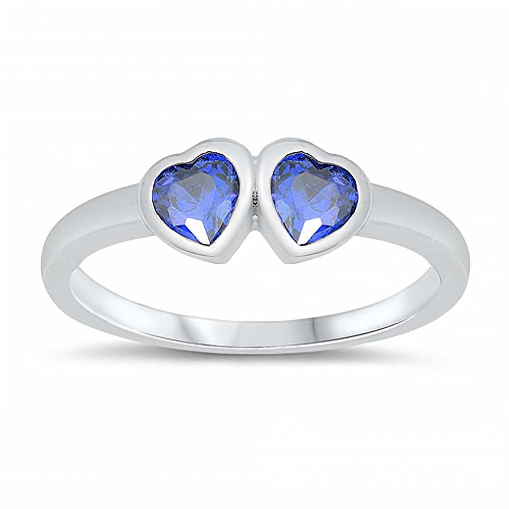 Sterling Silver Rhodium Plated Two Blue Sapphire Cz Heart Baby Ring with Ring Face Height of 4MM and Ring Band Width of 2MM