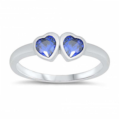 Sterling Silver Rhodium Plated Two Blue Sapphire Cz Heart Baby Ring with Ring Face Height of 4MM and Ring Band Width of 2MM