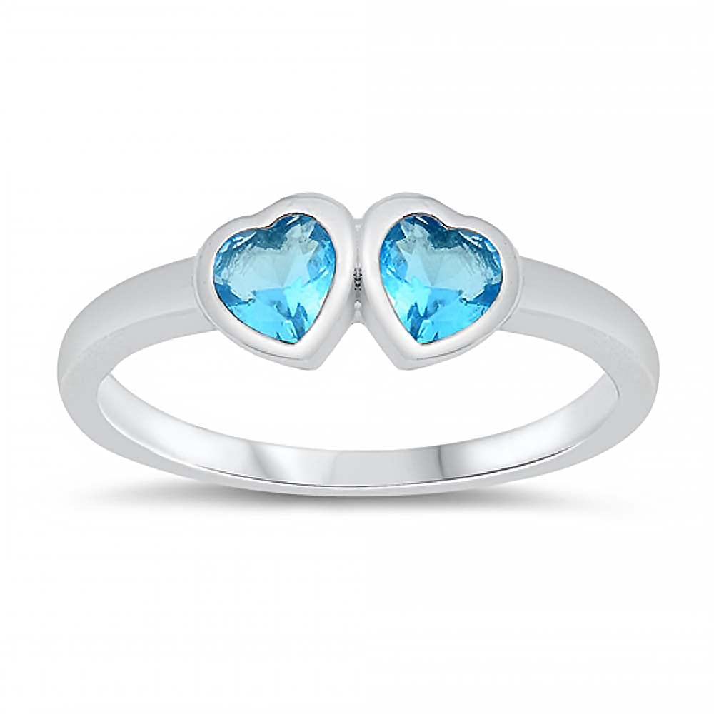 Sterling Silver Rhodium Plated Two Blue Topaz Cz Heart Baby Ring with Ring Face Height of 4MM and Ring Band Width of2MM