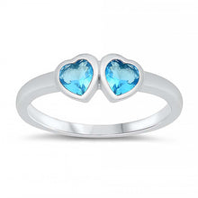 Load image into Gallery viewer, Sterling Silver Rhodium Plated Two Blue Topaz Cz Heart Baby Ring with Ring Face Height of 4MM and Ring Band Width of2MM