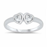 Sterling Silver Rhodium Plated Two Clear Cz Heart Baby Ring with Ring Face Height of 4MM and Ring Band Width of 2MM