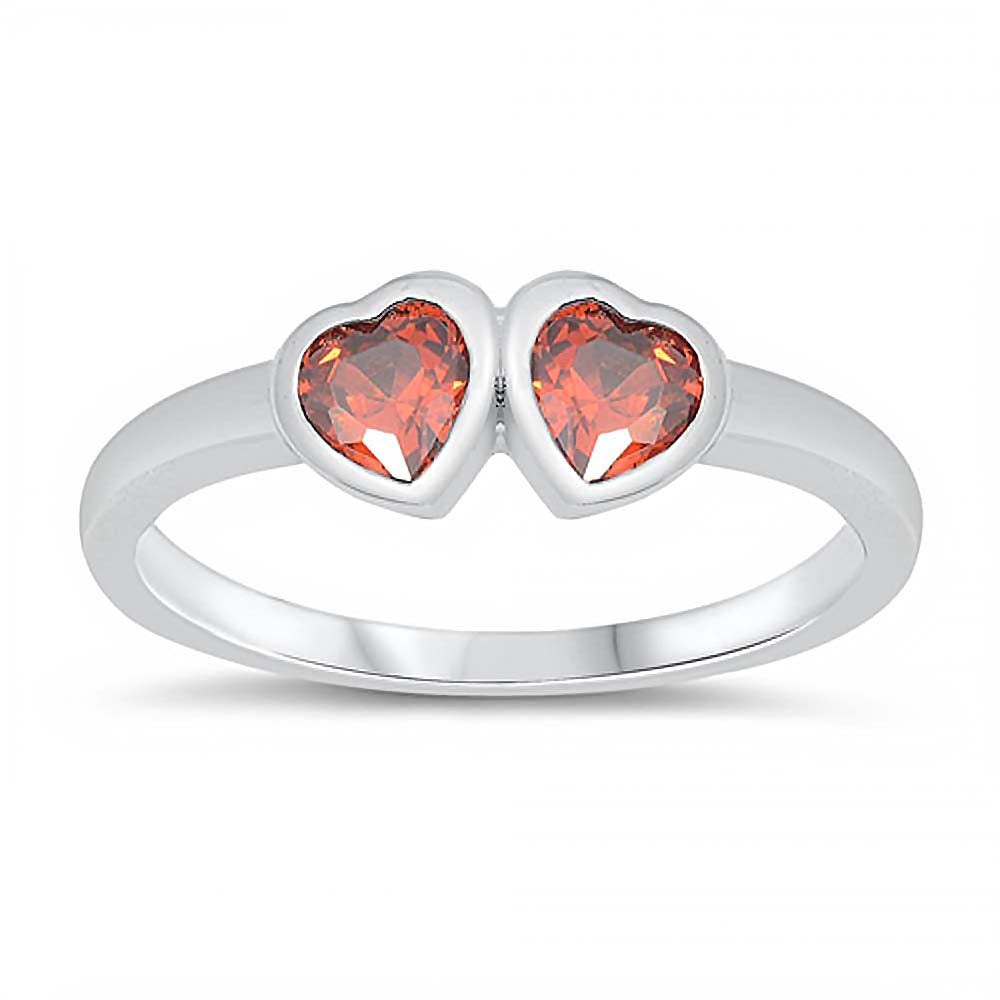 Sterling Silver Rhodium Plated Two Garnet Cz Heart Baby Ring with Ring Face Height of 4MM and Ring Band Width of 2MM