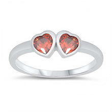 Load image into Gallery viewer, Sterling Silver Rhodium Plated Two Garnet Cz Heart Baby Ring with Ring Face Height of 4MM and Ring Band Width of 2MM