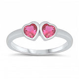 Sterling Silver Rodium Plated Two Ruby Cz Heart Baby Ring with Ring Face Height of 4MM and Ring Band Width of 2MM