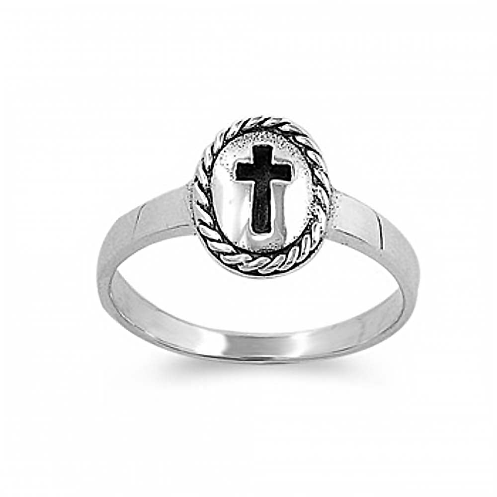Sterling Silver Black Cross Baby Ring with Ring Face Height of 9MM