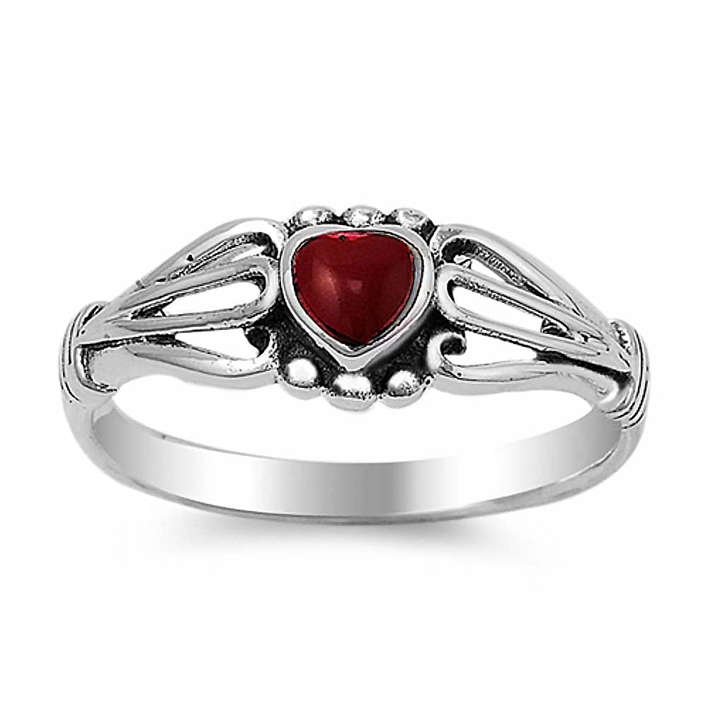 Sterling Silver Heart-Cut Red Stone Split Band Baby Ring with Ring Face Height of 7MM and Ring band Width of 2MM