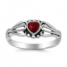 Load image into Gallery viewer, Sterling Silver Heart-Cut Red Stone Split Band Baby Ring with Ring Face Height of 7MM and Ring band Width of 2MM