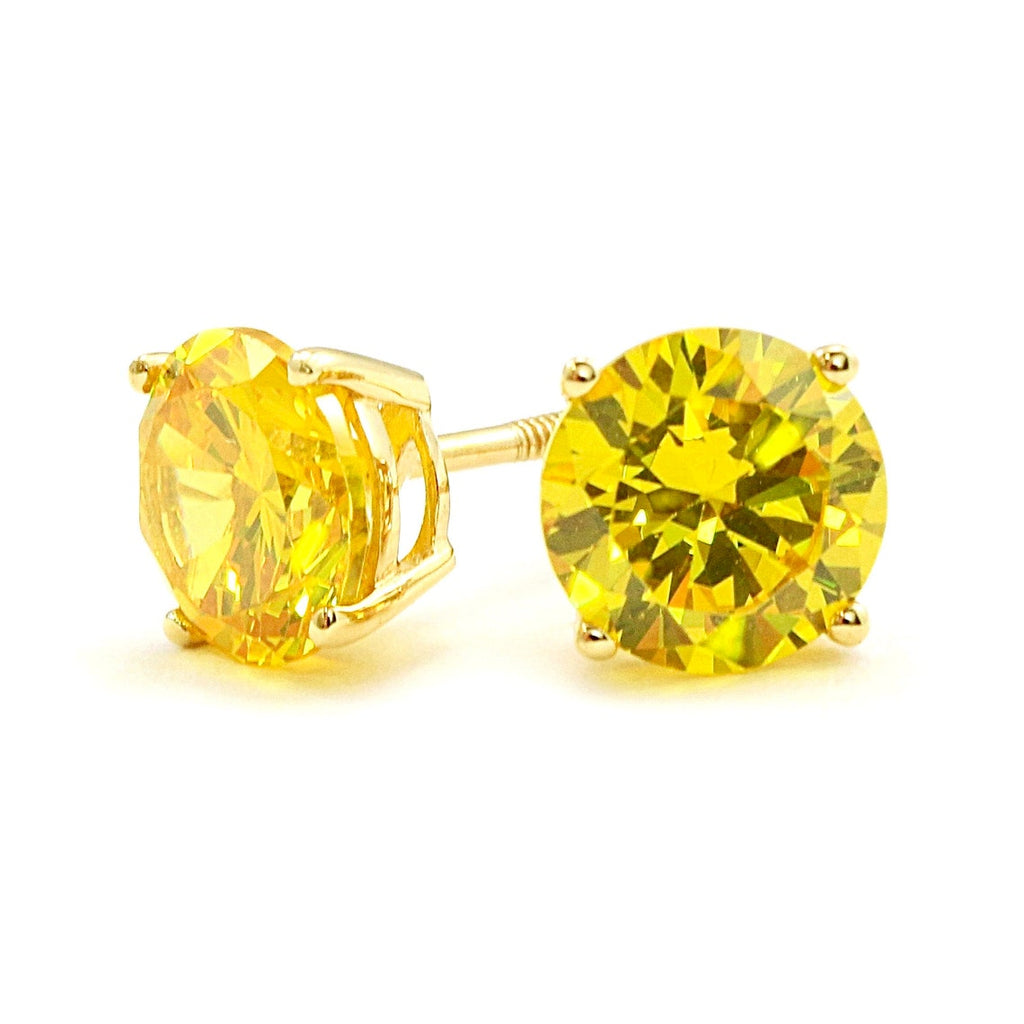 14K Yellow Gold Round Canary Yellow Cubic Zirconia Earring. Set on High Quality Prong Setting and Push Back Backing