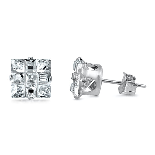 Sterling Silver Stud Earring Princess Invisible Cut Cubic Zirconia Earring. Set on High Quality Stamping Setting with Friction Style Post