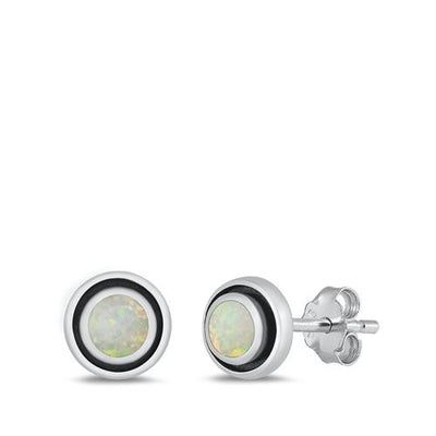 Sterling Silver Lab Opal Studs Round Earrings