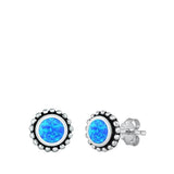 Sterling Silver Lab Opal Studs Round Bali Earrings