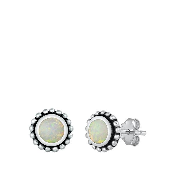 Sterling Silver Lab Opal Studs Round Bali Earrings
