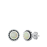 Sterling Silver Lab Opal Studs Round Bali Earrings