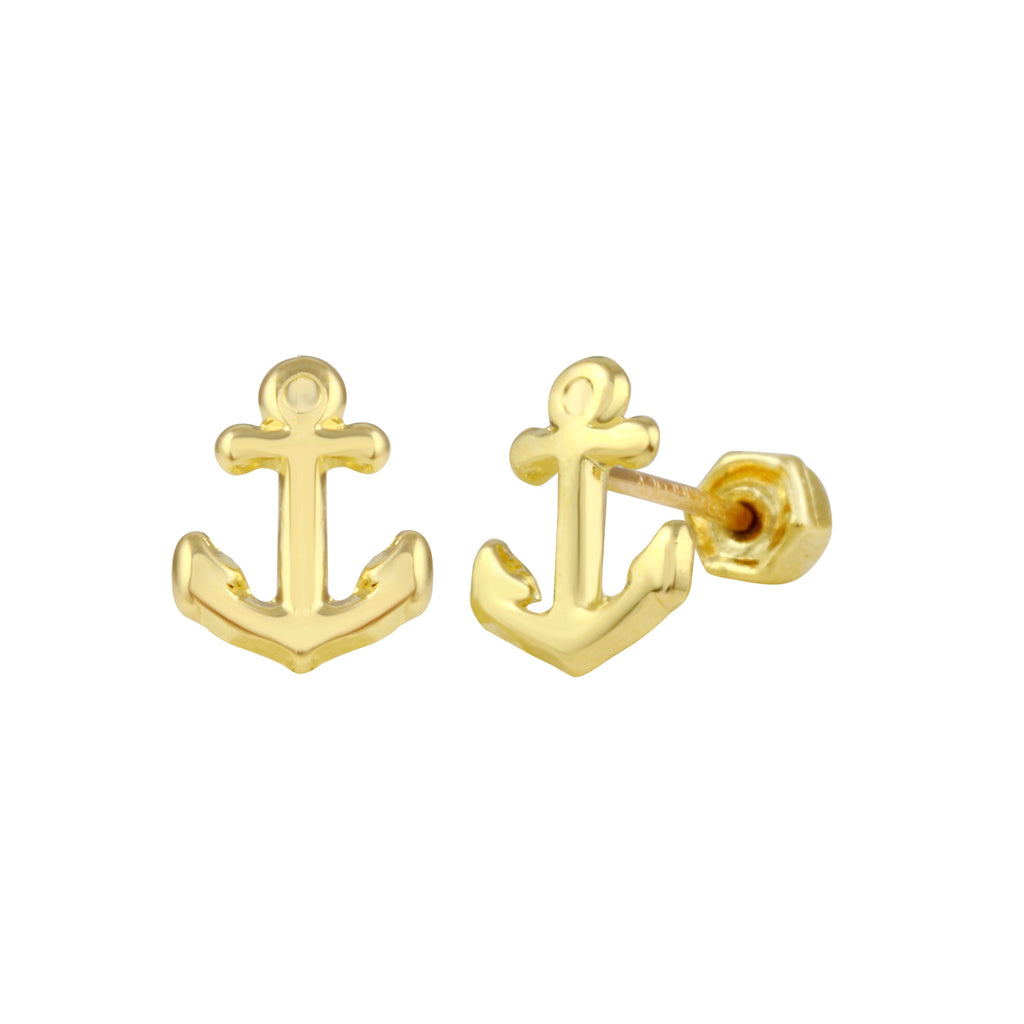 14K Yellow Gold Anchor Stud Screw Back Earrings