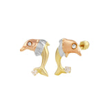 14K Tricolor Gold Dolphin Stud Screw Back Earrings