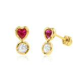14K Yellow Gold Ruby Heart and CZ Earrings