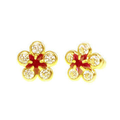 14K Yellow Gold Sunflower Clear and Ruby CZ Stud Earring