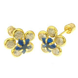 14K Yellow Gold Sunflower Blue CZ Earrings
