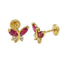 Load image into Gallery viewer, 14K Yellow Gold Butterfly Ruby and Cubic Zirconia Earrings