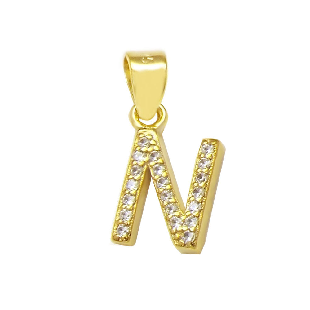 Sterling Silver Small Initial 'N' CZ Gold Plated Pendant