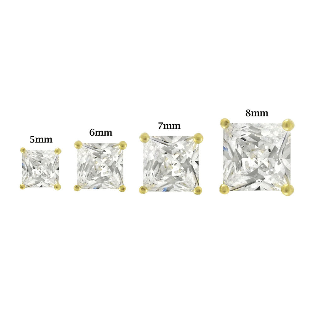 Sterling Silver Yellow Gold Plated .925 Solid Square Cubic Zirconia Studs Casting