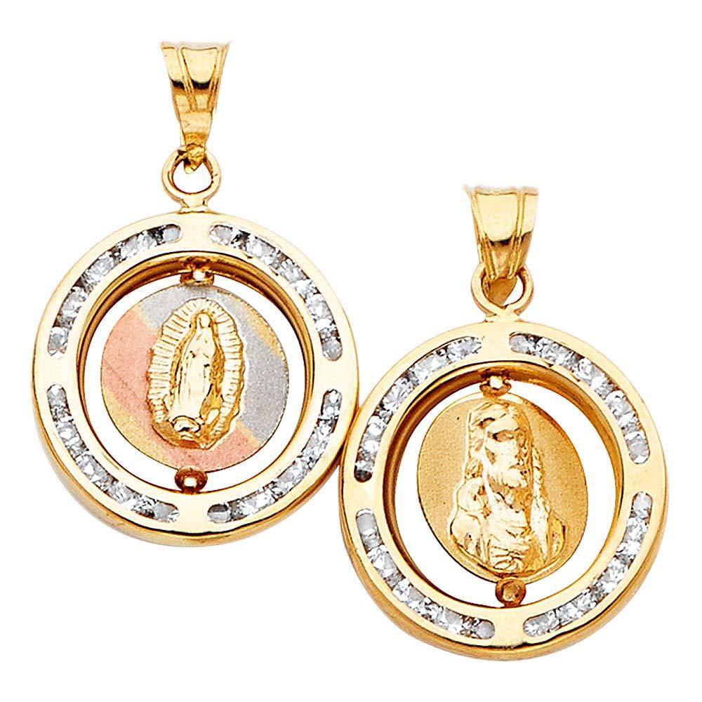 14K Tri Color 15mm Double Sided Round Religious Pendant - silverdepot