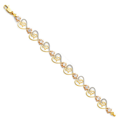 14K Tricolor 15Years Bracelet-7.25 inches