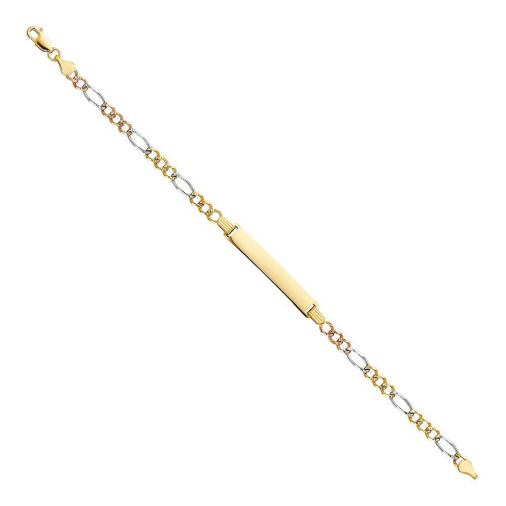 14K Tri Color Gold Figaro 3+1 ID Bracelet