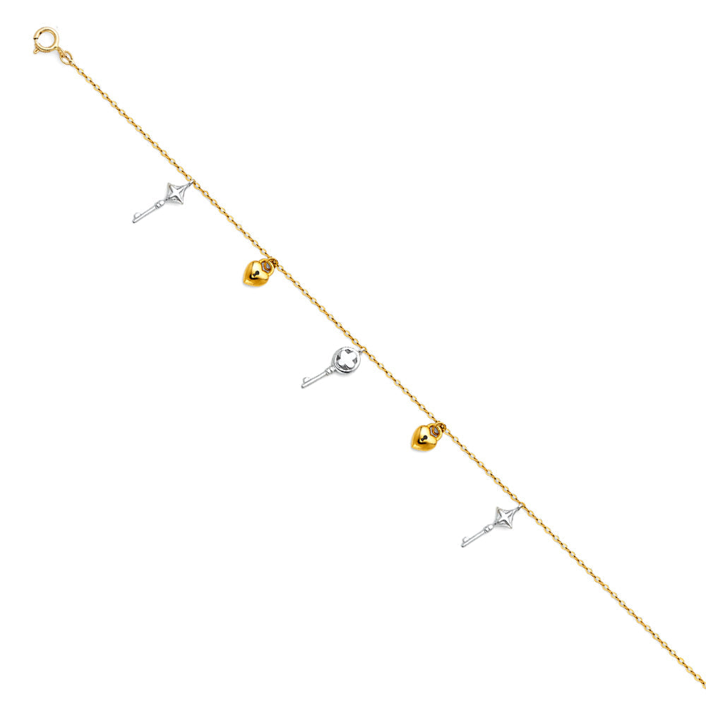 14K Tricolor Hanging Charm Bracelet