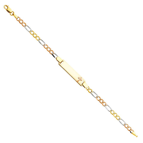 14K Tricolor Figaro 3+1 Cross Baby ID Bracelet