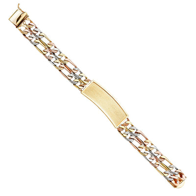 14K Tricolor Two Line Nugget Figaro LINK Figaro ID Bracelet