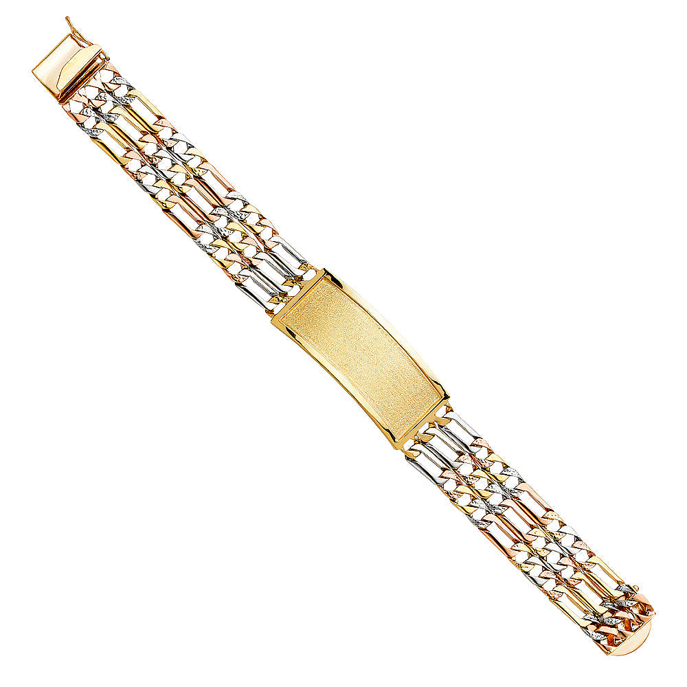 14K Tricolor Three Line Nugget Figaro LINK Figaro ID Bracelet