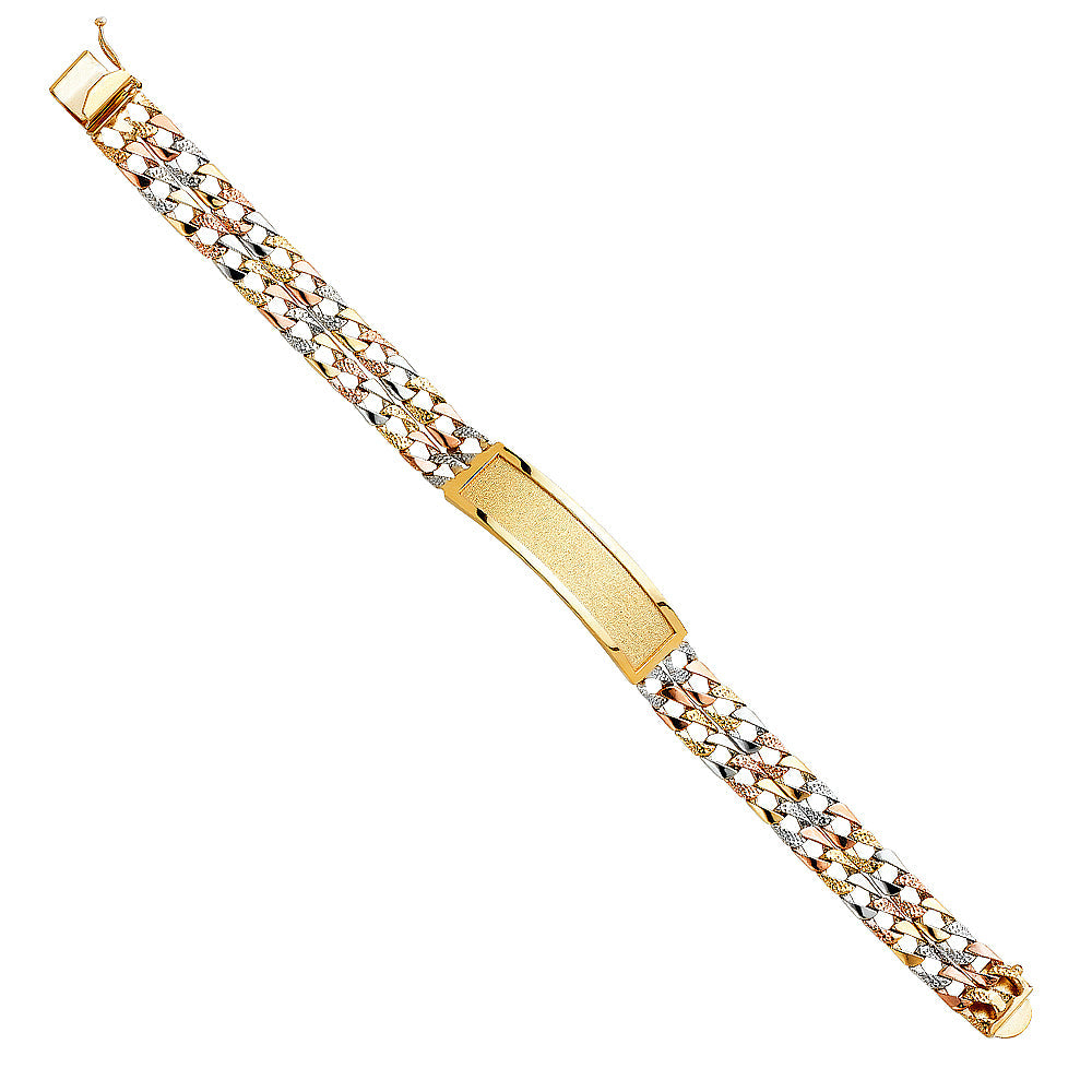 14K Tricolor Two Line Nugget Cuban LIT LINK Figaro ID Bracelet