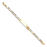 14K Tri Color Gold DC Figaro Link Flower ID Bracelet