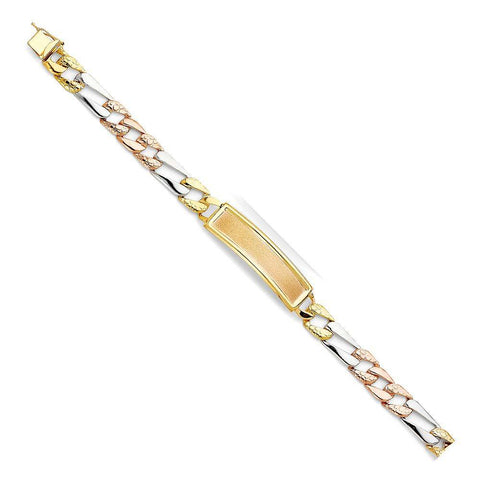 14K Tri Color Gold Stamp Figaro Link ID Bracelet