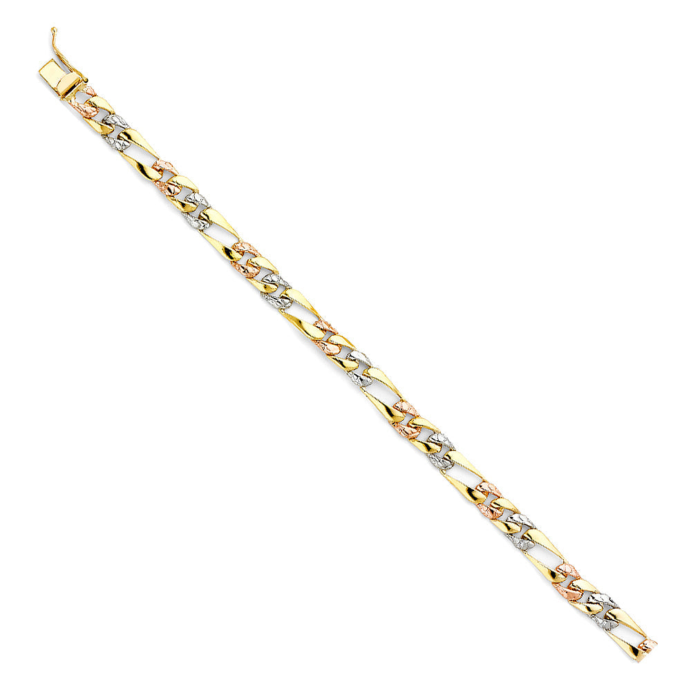 14K Tricolor STAMP Nugget Figaro LINK BRACELET