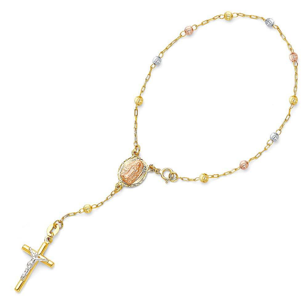 14K Tri Color Gold 3mm Moon Ball Rosary Bracelet