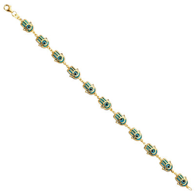14K Yellow Hamsa Blue Evil Eye Bracelet
