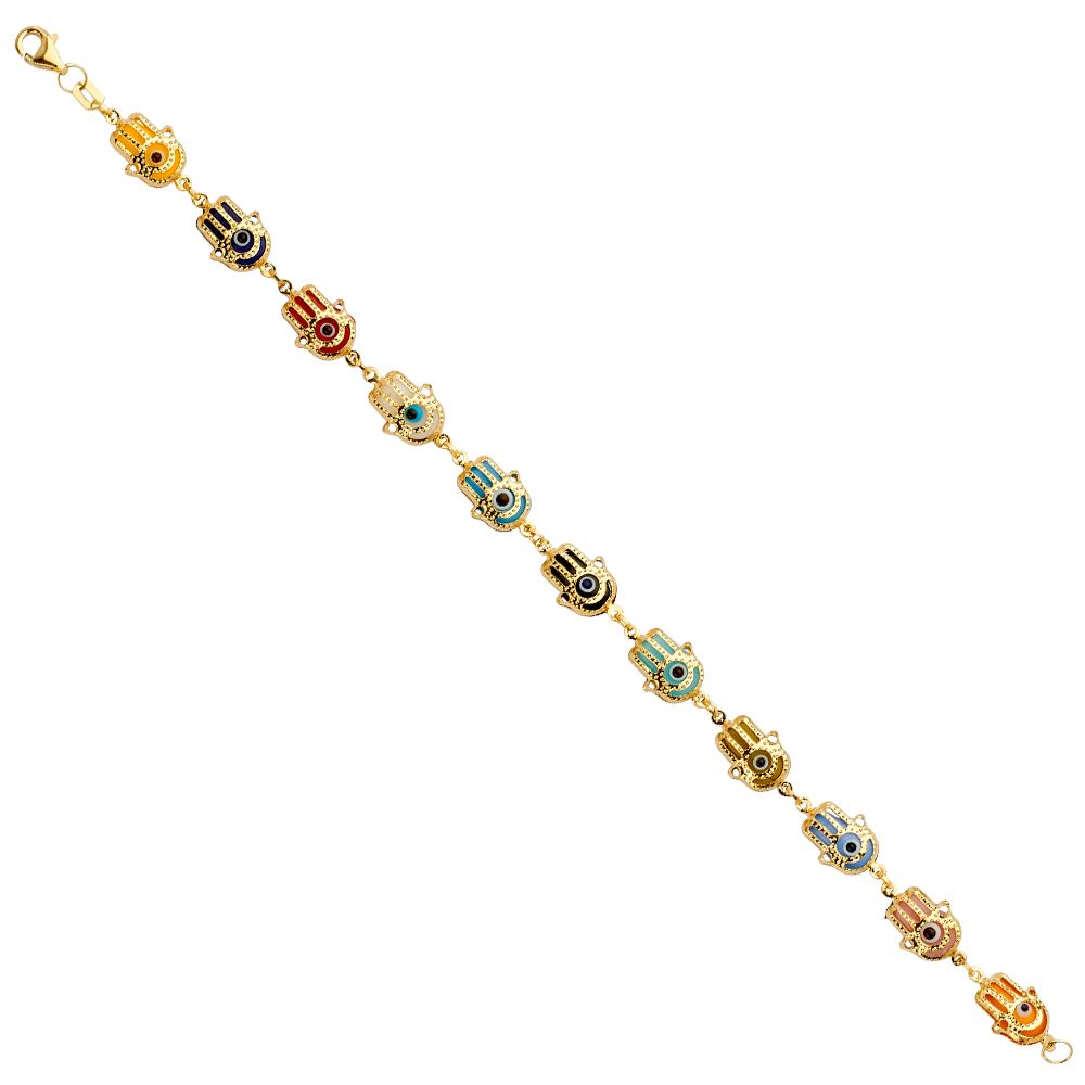 14K Yellow Hamsa Multi Color Evil Eye Bracelet