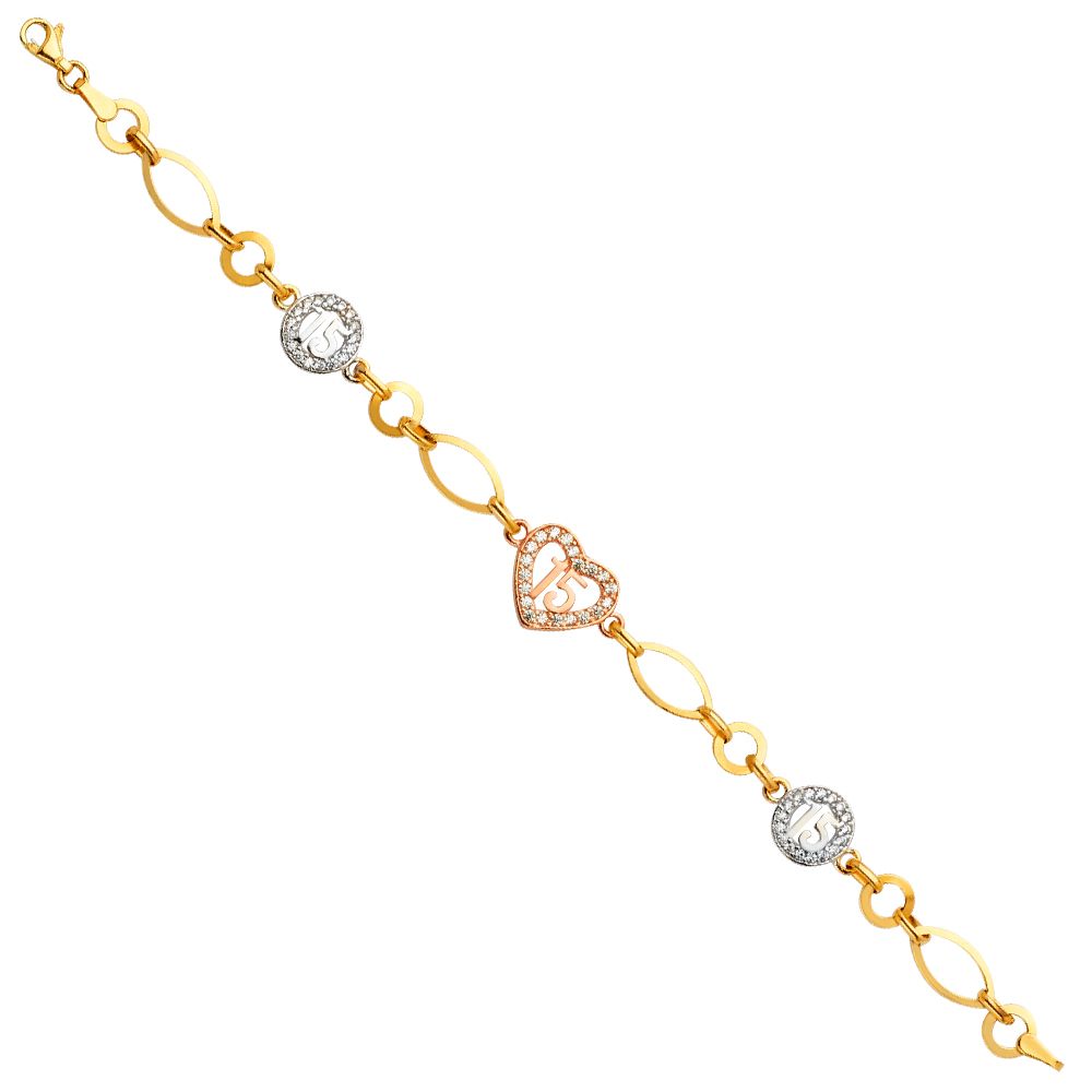 14K Tricolor 15Years CZ Bracelet-6 inches