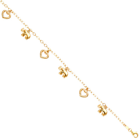 14K Yellow Hanging Elephant and Heart Bracelet