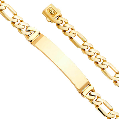 14K Yellow 9.5mm Hollow Figaro Monaco Bracelet with Plain ID